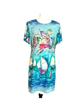 VTG 90s R.J. Collection by Chelsea Russo Harbor Scene Art Print Dress USA Large